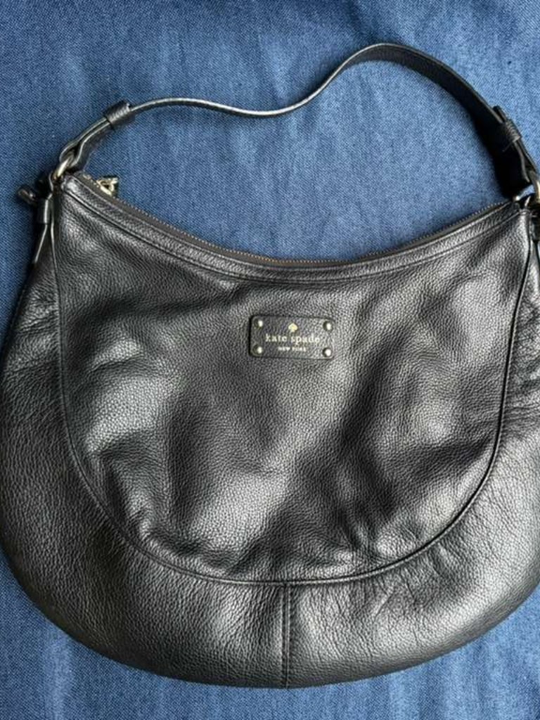 Kate Spade Black Pebbled Leather Berkshire Hobo Bag Polka Dot Lining Large